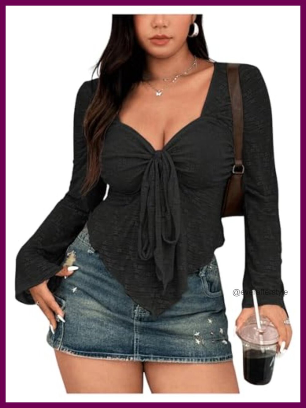 Womens Plus Size V-Neck Long Sleeve Bow Tie Asymmetrical Crop Top